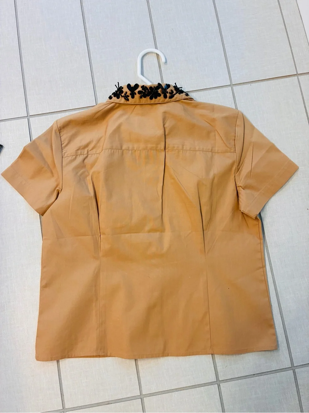 J. Crew Collection Tan Short Sleeve Crop Shirt with Black Beaded Collar 4